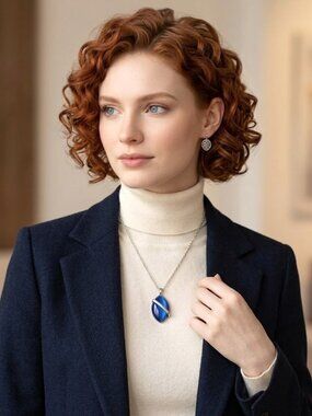 NECKLACE - Blue teardrop pendant with metal detailing